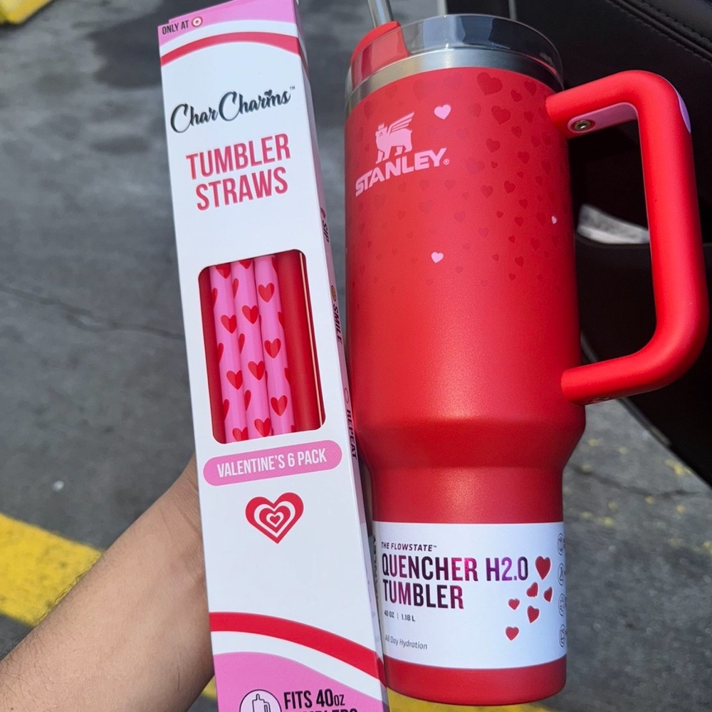 Stanley Red Quencher Tumbler with Pink Heart Straws